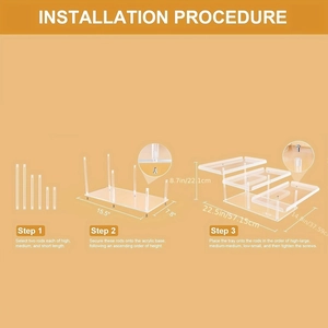 Detailed assembly diagram of 3-tier clear acrylic display stand with dimensions