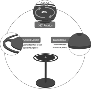 Detail of 360 rotating black acrylic sunglass rack showing stable base and slots