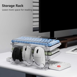 Three-tier clear acrylic keyboard and mouse storage rack for desk space optimization
