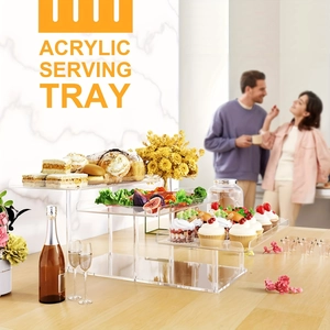 Three-tier transparent acrylic cake stands in staggered sizes for wedding party dessert display