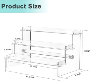 Detailed dimensions of a 3-tier clear acrylic display stand for collectibles and makeup