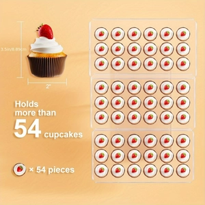 Detailed size guide for transparent acrylic cake stand showing 54 cupcake capacity