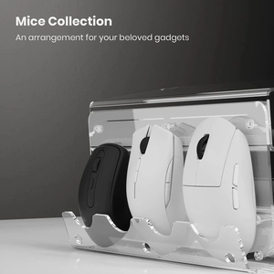 Three-tier clear acrylic mouse organizer stand showing desktop storage for computer mice