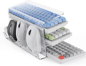Three-tier transparent acrylic keyboard riser and mouse storage stand for desktop setup
