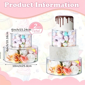 Detailed size specifications for 2-piece fillable square acrylic cake stands with dimensions