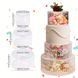 Three sizes of fillable acrylic cake stands showing dimensions and creative filler ideas
