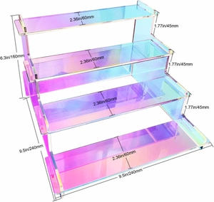 Detailed dimensions of 4-tier iridescent acrylic riser stand with tiered measurements