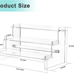Three-tier clear acrylic display stand for collectibles with detailed size dimensions