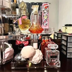 Modern 2-tier clear acrylic perfume stand for vanity organization and cosmetic display