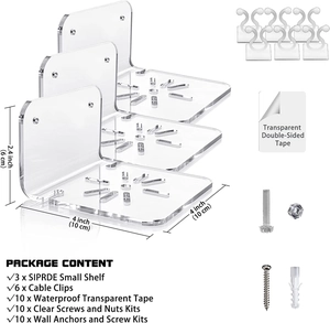 Detailed view of 3-pack clear acrylic wall shelves with cable clips and mounting hardware