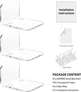 Detailed package content of 3 acrylic floating shelves with adhesive strips and cable clips
