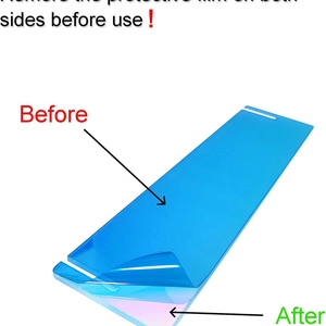 Transparent 4-tier acrylic display stand showing the removal of protective blue film