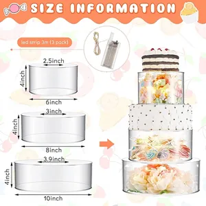Size guide for clear acrylic fillable cake stands with dimensions and LED light details