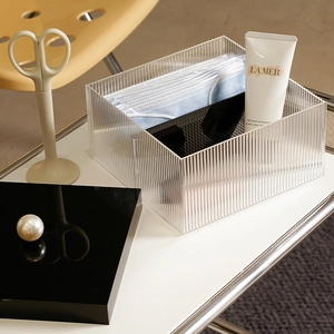 Vertical striped acrylic storage box with red pearl handle for cosmetic organization