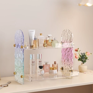 Iriserende Acryl Desktop Opslagrek 2 Niveaus Make-up Organizer Huidverzorging Parfum Displayplank Met Goudmetalen Bevestigingen