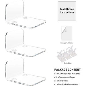3-pack acrylic floating wall shelves with cable clips and adhesive for baby monitor