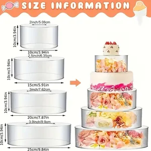 Set of clear round acrylic fillable cake stands with detailed size dimensions