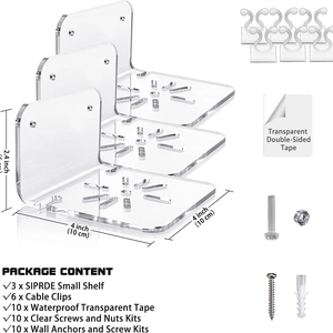 3-pack clear acrylic wall shelves for security cameras and baby monitors with accessories