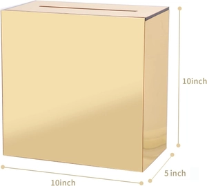 Detail showing gold mirror acrylic wedding card box with dimensions 10x10x5 inches