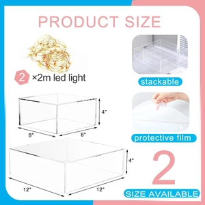 Detailed view of 8-inch and 12-inch fillable acrylic cake stands with LED light strips