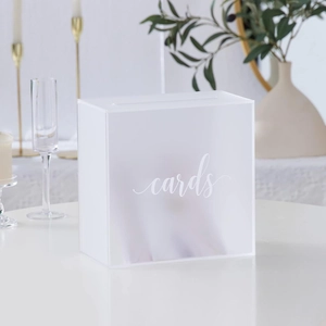 Frosted acrylic wedding card box with white cards calligraphy and elegant gold decor