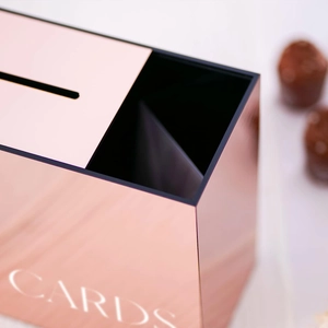 Rose gold mirror acrylic wedding card box with CARDS lettering and top mail slot