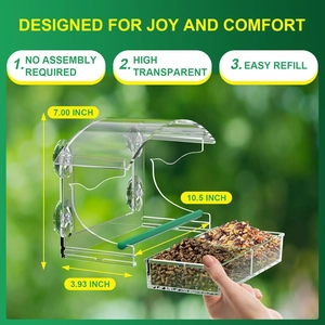 Outdoor hanging clear acrylic bird feeder with four suction cups and removable seed tray