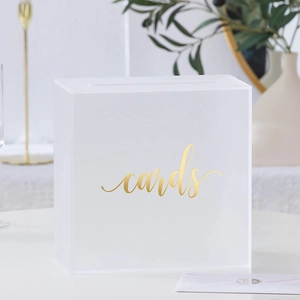 Frosted white acrylic wedding card box with gold 'cards' text and top slot design