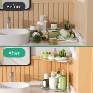 Two-tier clear acrylic bathroom corner organizer shelf with metallic support pillars