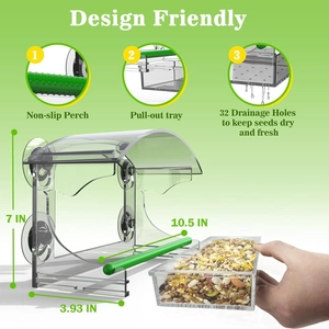 Window bird feeder in clear acrylic with anti-slip perch and drainage tray