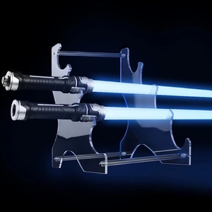 Macro shot of clear acrylic 4-tier lightsaber stand with blue glowing sabers