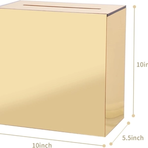 Frosted acrylic wedding card box with lock and gold finish measuring 10x10x5.5 inches