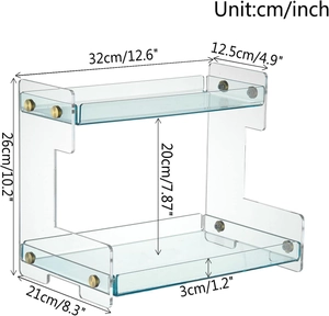 Detailed dimension guide for clear two-tier acrylic organizer with gold screw accents