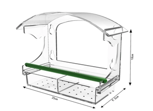 Detailed dimensions of the clear acrylic window bird feeder showing 25cm width and 18cm height