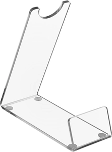 Vista macro del supporto per spada laser in acrilico trasparente con stabilità a U