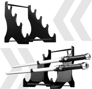 Detailed view of a 4-tier black acrylic lightsaber stand with tiered support slots