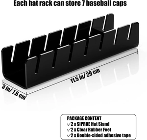 Detail view of two black acrylic baseball cap racks showing U-shaped slots and dimensions