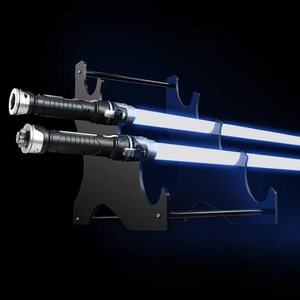 Detail view of two blue glowing lightsabers on a 4-tier black acrylic display stand