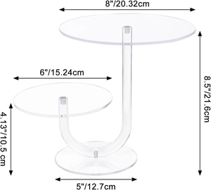 Detailed size chart for 2-tier clear acrylic cupcake stand with inch and cm measurements