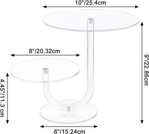Detail of 2-tier clear acrylic cupcake stand with J-shaped pillar and size labels