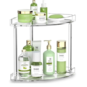 2 Tier Clear Acrylic Bathroom Countertop Organizer Corner Vanity Makeup Spice Storage Rack With Metal Support Poles Minimalist Modern Home Storage
