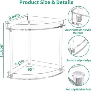 Two-tier clear acrylic bathroom corner organizer with anti-slip pads and smooth edges