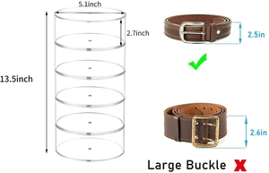 Macro view of 5-tier clear acrylic belt organizer showing height and width dimensions