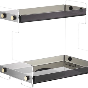 Modern 2-tier acrylic storage rack with smoke gray shelves and gold metal accents
