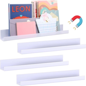 Set of four white magnetic acrylic bookshelves for office organization on metal surfaces