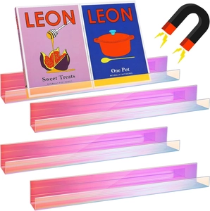 Set of four iridescent acrylic magnetic floating shelves for books and photo frames