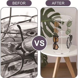 Comparison showing organized sunglasses on a 2-tier 360-degree rotating acrylic display stand