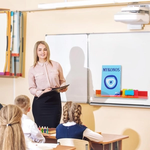 Fluorescent orange acrylic magnetic shelf on whiteboard in a bright classroom setting