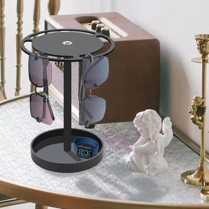 Rotating acrylic sunglasses display stand with jewelry tray and 360-degree storage