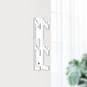 Detail of transparent acrylic wall mount with multi-tier hooks for game controllers